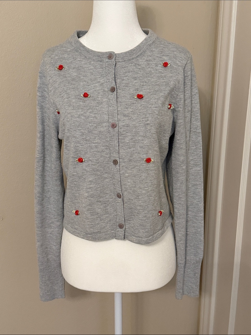 Gray Crewneck Button Cardigan Sweater with Red Embellishments